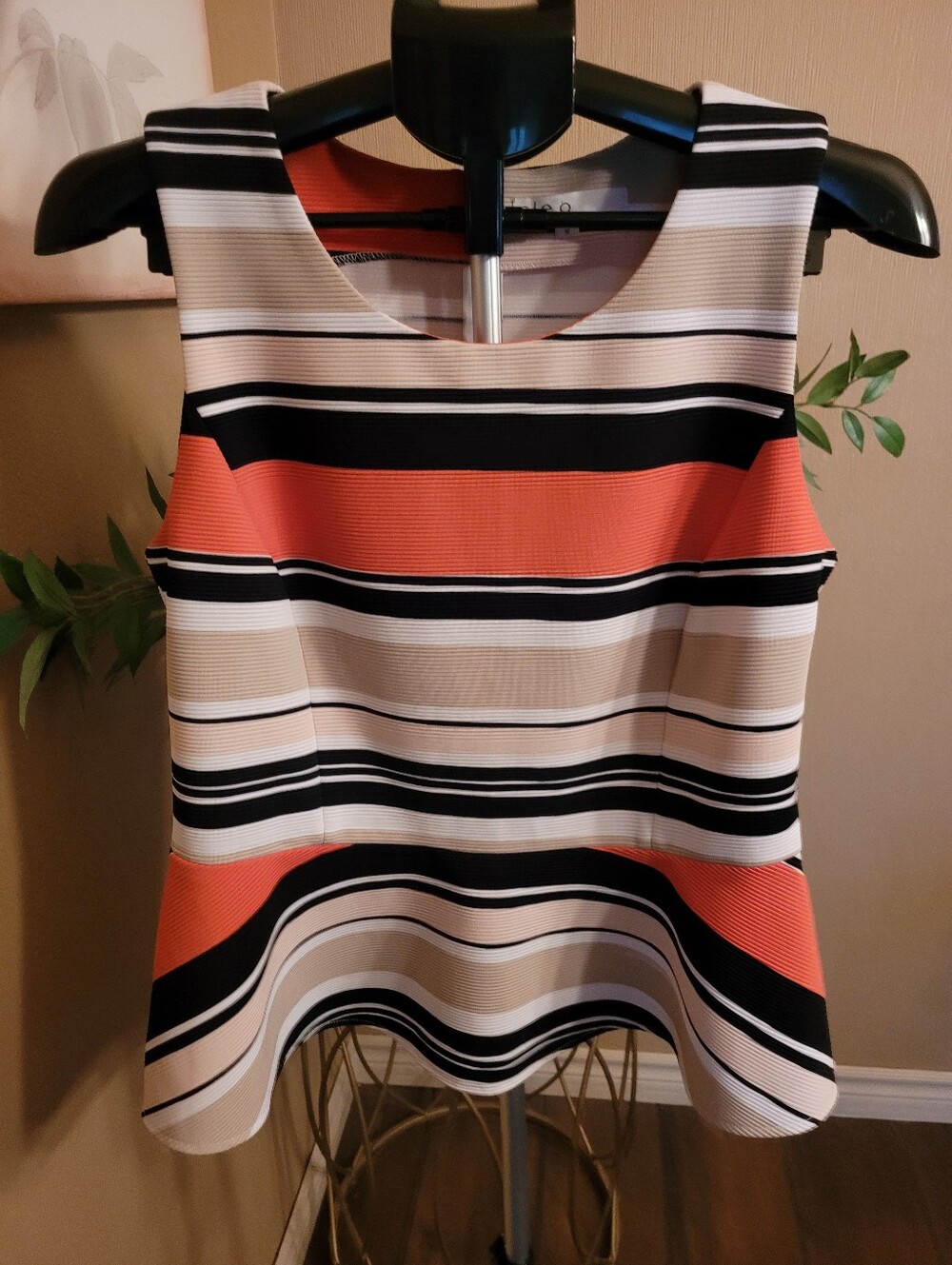 Cleo Striped Peplum Tank in Black, Cream & Coral